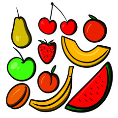 Hand drawn cartoon style fruits isolated on white background/ Vector illustration