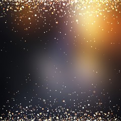 Golden sparkles on gloss black blurred background. Glitter and flares dark texture. Brutal festive graphic illustration.
