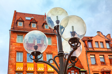 sphere-shaped street lamps in old town