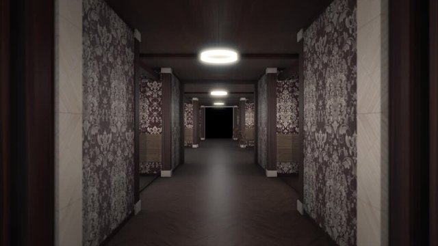 Abstract scary hallway inside old hotel building. Animation. The camera passes through the mystical corridor inside the house with old fashioned moving walls and dim light.
