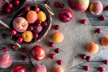 A top down view of a variety of stone fruit spilled out of a woven basket with copy space in the middle.