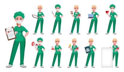 Beautiful woman doctor, set of eleven poses