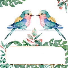 Tropic floral exotic horizontal frame with pink bird, tropical leaves. Hand drawn watercolor isolated on white background