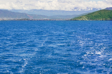 View of sailing boat track while sailing far from the coast