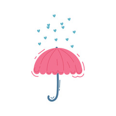 Pink umbrella with hearts rain. Romantic Valentine concept. Simple doodle style vector illustration.