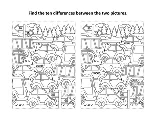 Find the differences visual puzzle and coloring page with retro toy cars and trucks on the road

