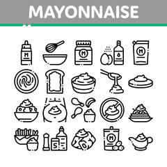 Mayonnaise Spice Sauce Collection Icons Set Vector. Mayonnaise Bottle And Preparing In Bowl With Mixer, Fry Potato And Meal Concept Linear Pictograms. Monochrome Contour Illustrations