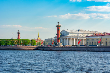 Old Stock Exchange building and Rostral columns on Vasilyevsky island, Saint Petersburg, Russia