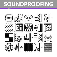 Soundproofing Building Material Icons Set Vector. Collection Of Soundproofing Windows And Roof, Wall Insulation And Floor Covering Concept Linear Pictograms. Monochrome Contour Illustrations