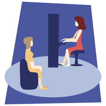 Vector flat illustration mother, daughter and music. Stay home concept. Mother and daughter together. Daughter plays the piano, mom listens to music.