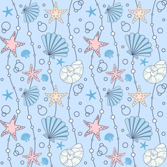 Seashells and starfish on a blue background with waves and bubbles. Vector seamless pattern for wallpaper, wrapping paper, packaging, printing on fabric, textile, clothes and bags. Design template