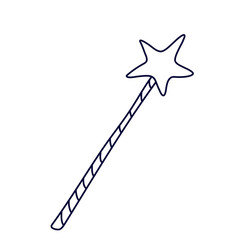 Magic wand decorated with star in doodle style. Hand drawn vector illustration in black ink isolated on white background.  Great for coloring book.