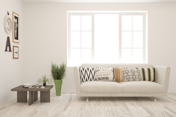 White living room with sofa. Scandinavian interior design. 3D illustration