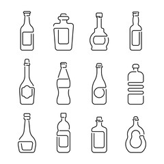 Bottle and beverage icons set in trendy flat outline style isolated on white background. Graphic element for your design. Vector illustration.