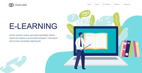 Landing Page, template banner. Vector online education illustration of teacher man look like school board with book. on notebook background. Online education background. Online education concept. flat