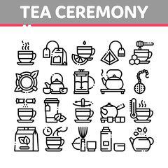 Tea Ceremony Tradition Collection Icons Set Vector. Tea Bag And Leaves, Cup With Hot Drink And Teapot, Sugar And Honey, Lemon And Thermos Concept Linear Pictograms. Monochrome Contour Illustrations