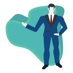 Businessman with green tick success sign. Successful business man stands confidently and points his hand up. Man in handsome suit. Vector illustration with shadows. Design for financial concept.