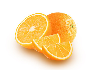 Orange pieces. Cut oranges on white background, with clipping path. Isolated.