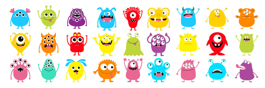 Happy Halloween. Monster colorful silhouette super big icon set. Cute kawaii cartoon scary funny baby character. Eyes, tongue, tooth fang, hands up. Flat design. White background.