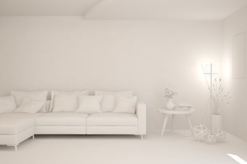 White minimalist living room with sofa. Scandinavian interior design. 3D illustration