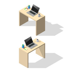 Isometric computer desk with laptop. Workplace concept.