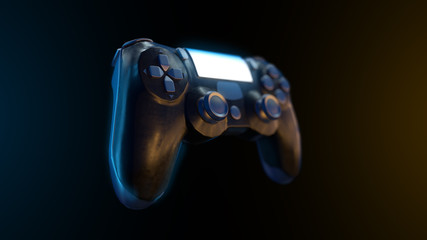 Futuristic console gamepad on black background. 3d render of gaming controller