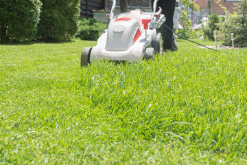 lawn mower mows grass in the yard. a child drives a lawn mower. line of mowed and unmowed grass....