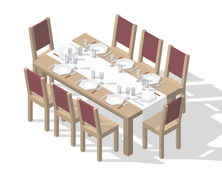 Isometric vector holiday table set for celebration. Large festive table set for several people