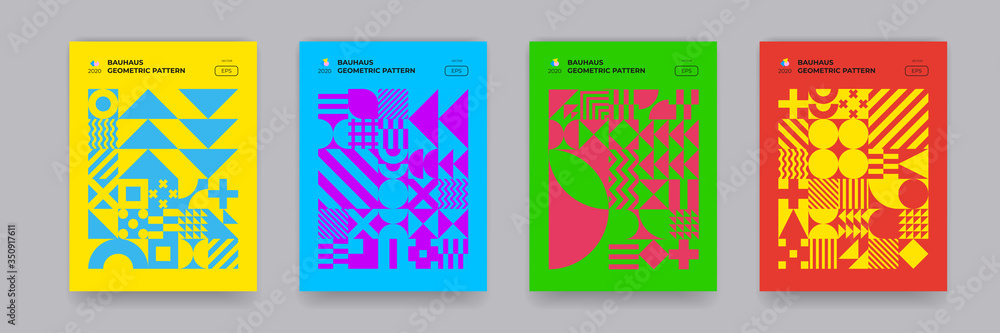 Poster Bauhaus geometric pattern background, vector circle, triangle and square shape art design. Modern color Bauhaus Swiss pattern backgrounds and posters set