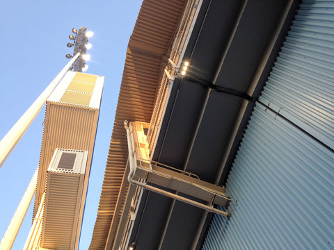 Steel Tower Structure At Baseball Stadium, Scoreboard For Los Angeles Dodgers On Blue Sky