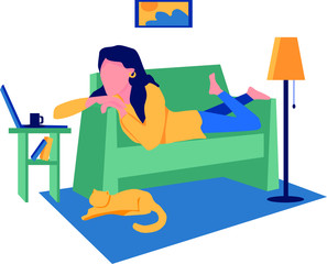Freelance or study at home vector illustration. A woman works or stading at home with a laptop. Self-isolation of the house.	