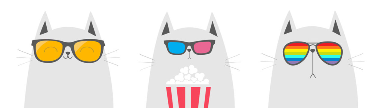 Cat set. Eating popcorn. Cinema theater. Cute cartoon funny character. Film show. Kitten watching movie in 3D glasses, sunglasses, rainbow glass. White background. Isolated. Flat design