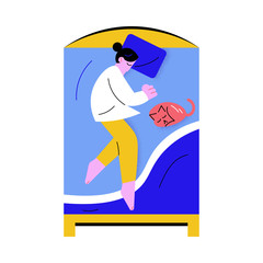 Woman sleeping in big bed with blue linens at home with cat vector illustration