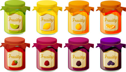 Vector illustration of jam marmalade and jelly in glass jars isolated on white background.