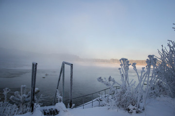 winter landscape with fog
