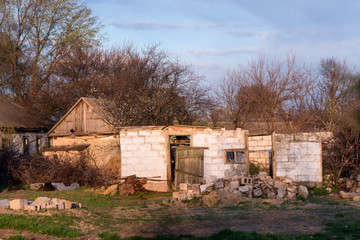 ruined house close-up. facade of an old house. abandoned house