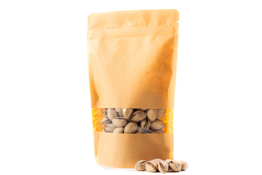 brown paper doypack standup biodegradable food packaging with window zipper on white background