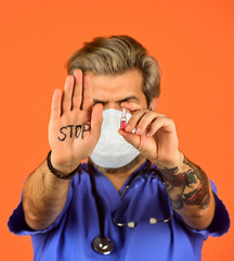 Open palm stop gesture. Stop epidemic. Virus concept. Danger zone. Epidemic infection. Critical...
