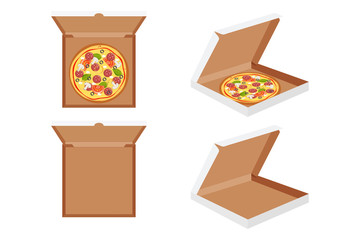 The whole pizza in the opened and closed cardboard box. 