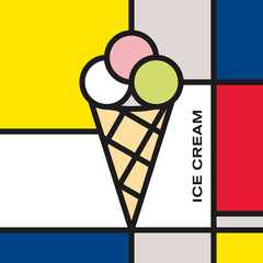 Ice cream waffle cone cup with three balls. Modern style art with rectangular colour blocks. Piet Mondrian style pattern.