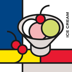 Ice cream cup with three balls and cherry berries. Modern style art with rectangular colour blocks. Piet Mondrian style pattern.