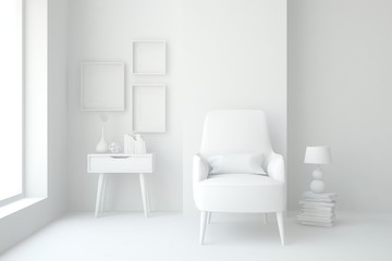 White minimalist living room with armchair. Scandinavian interior design. 3D illustration