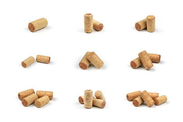 Set from the collection of many different vintage wine corks isolated on a white background