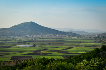 Panoramic view of the fields and vineyards on the Euganean Hills, near Este, Padova, Italy.