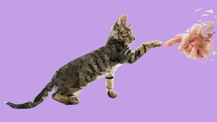 Low poly illustration of a kitten touching a human finger.