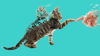 Low poly illustration of a kitten touching a human finger in two moments.