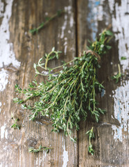 Close up view of thyme bunch. Herb thyme on table