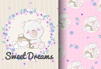 Sweet dreams of cute little bears and little cats with seamless pattern