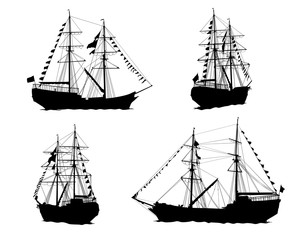 Old sailing ship at sea. Isolated silhouettes on a white background