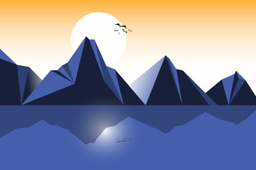 Landscape vector The mountains and the sea, the deep blue tones With reflections from above Used as a banner cover background image